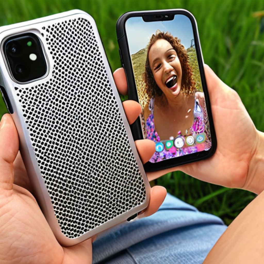 **Image Prompt:** Smartphone with a high heat dissipation case (aluminum or mesh design). Background showing a person happily using the phone outdoors in the summer. Focus on showing the case's design and the overall coolness/comfort.