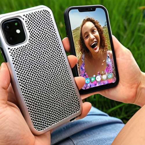 **Image Prompt:** Smartphone with a high heat dissipation case (aluminum or mesh design). Background showing a person happily using the phone outdoors in the summer. Focus on showing the case's design and the overall coolness/comfort.