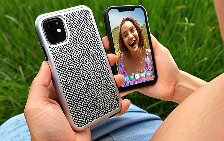 **Image Prompt:** Smartphone with a high heat dissipation case (aluminum or mesh design). Background showing a person happily using the phone outdoors in the summer. Focus on showing the case's design and the overall coolness/comfort.