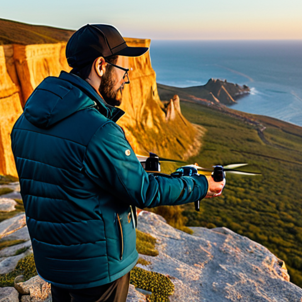 A professional aerial photographer, fully clothed in a modest, functional outdoor jacket and trousers, stands on a scenic cliff overlooking a vast, serene landscape bathed in golden hour light. They are expertly preparing to launch a sleek, palm-sized mini-drone, which is meticulously detailed with a visible high-resolution camera lens and advanced sensors. The scene captures the essence of modern technological innovation in photography. High-resolution, cinematic lighting, sharp focus, vibrant colors, professional photography. safe for work, appropriate content, fully clothed, professional, perfect anatomy, correct proportions, natural pose, well-formed hands, proper finger count, natural body proportions.