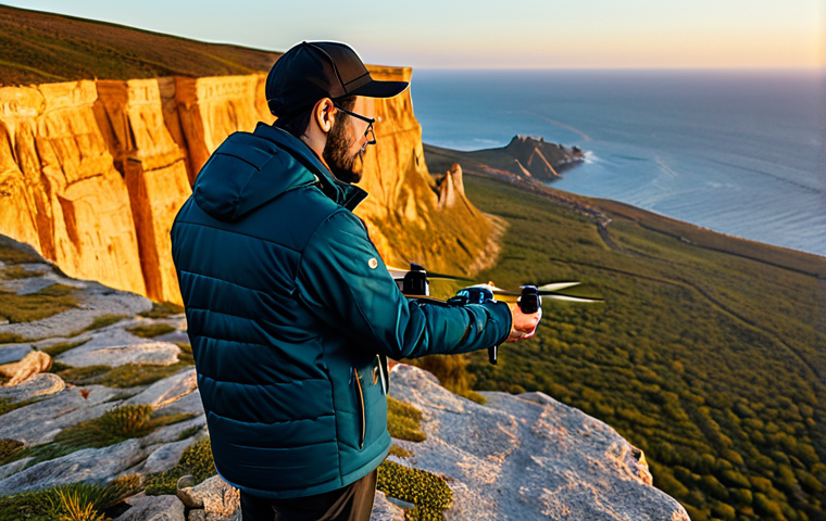 A professional aerial photographer, fully clothed in a modest, functional outdoor jacket and trousers, stands on a scenic cliff overlooking a vast, serene landscape bathed in golden hour light. They are expertly preparing to launch a sleek, palm-sized mini-drone, which is meticulously detailed with a visible high-resolution camera lens and advanced sensors. The scene captures the essence of modern technological innovation in photography. High-resolution, cinematic lighting, sharp focus, vibrant colors, professional photography. safe for work, appropriate content, fully clothed, professional, perfect anatomy, correct proportions, natural pose, well-formed hands, proper finger count, natural body proportions.