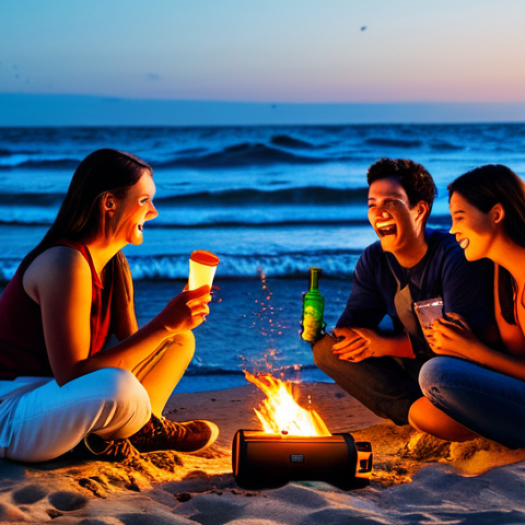 휴대용 무선 스피커 방수 - **Prompt for Outdoor Adventure:**
    A vibrant, wide-angle shot of a group of friends gathered arou...