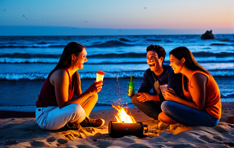 휴대용 무선 스피커 방수 - **Prompt for Outdoor Adventure:**
    A vibrant, wide-angle shot of a group of friends gathered arou...