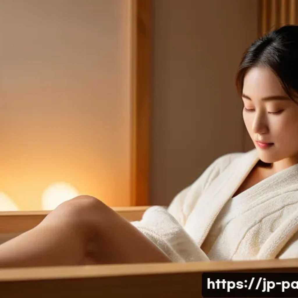 휴대용 족욕기 추천 - **Prompt:** A cozy, warm-lit living room scene. A young Japanese woman, in her late 20s to early 30s...