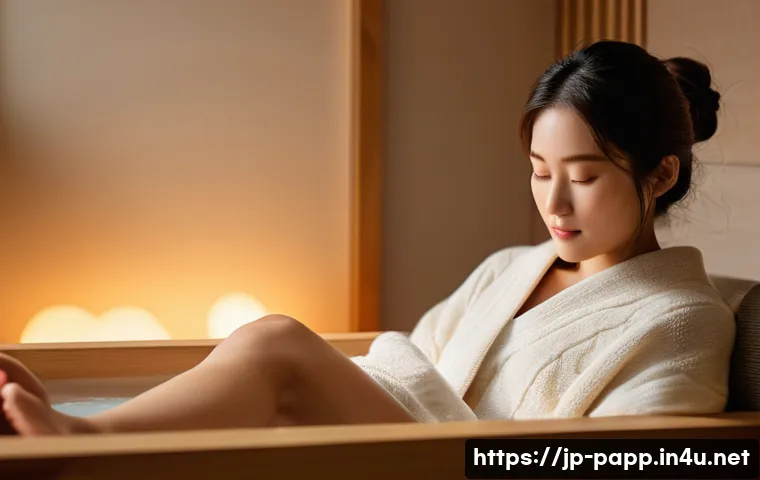 휴대용 족욕기 추천 - **Prompt:** A cozy, warm-lit living room scene. A young Japanese woman, in her late 20s to early 30s...