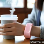 휴대용 밴드형 가습기 - A sleek, modern wristband-style portable humidifier worn on a young Japanese woman’s wrist, shown in...