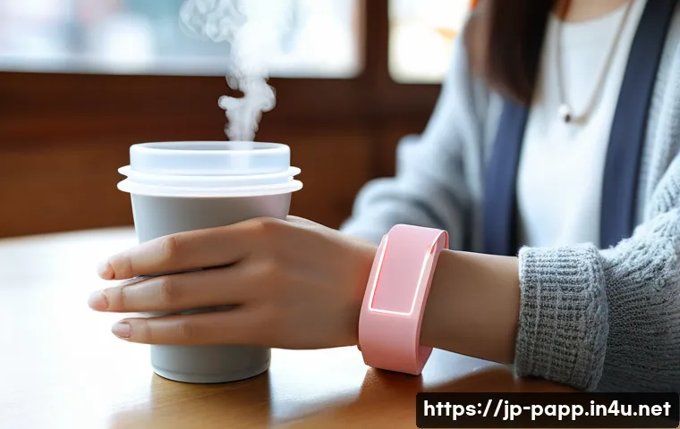 휴대용 밴드형 가습기 - A sleek, modern wristband-style portable humidifier worn on a young Japanese woman’s wrist, shown in...