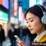 스마트 이어폰 기능 분석 - A modern Japanese woman commuting through a bustling Tokyo street wearing sleek, stylish smart earph...