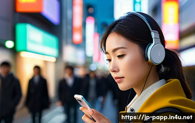 스마트 이어폰 기능 분석 - A modern Japanese woman commuting through a bustling Tokyo street wearing sleek, stylish smart earph...