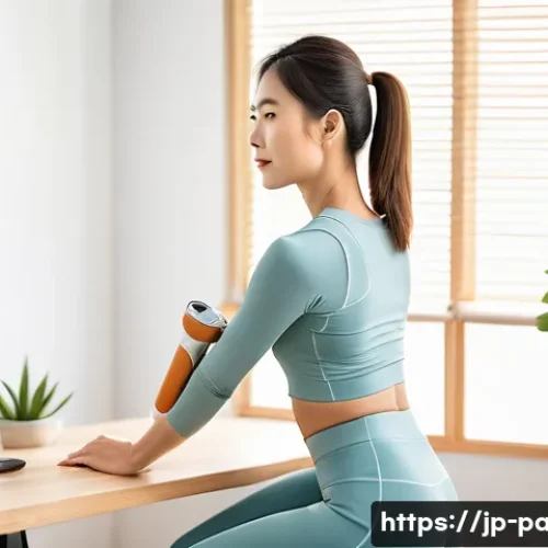 포터블 마사지건 사용법 - A modern Japanese woman in casual athletic wear using a portable massage gun on her shoulder near th...