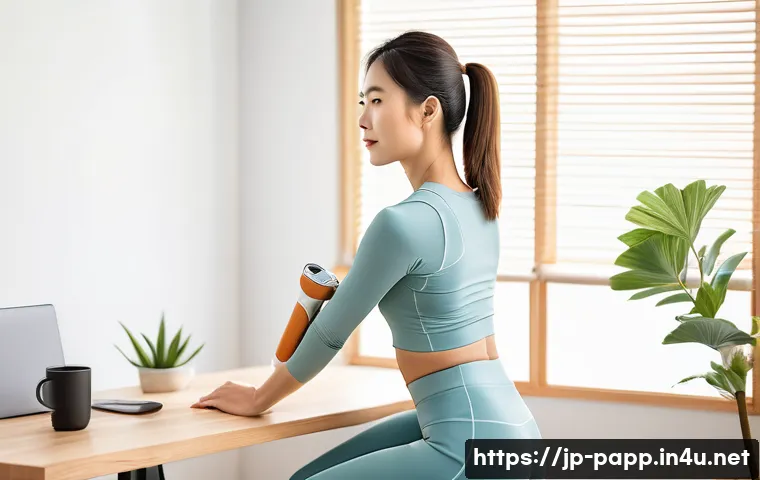 포터블 마사지건 사용법 - A modern Japanese woman in casual athletic wear using a portable massage gun on her shoulder near th...