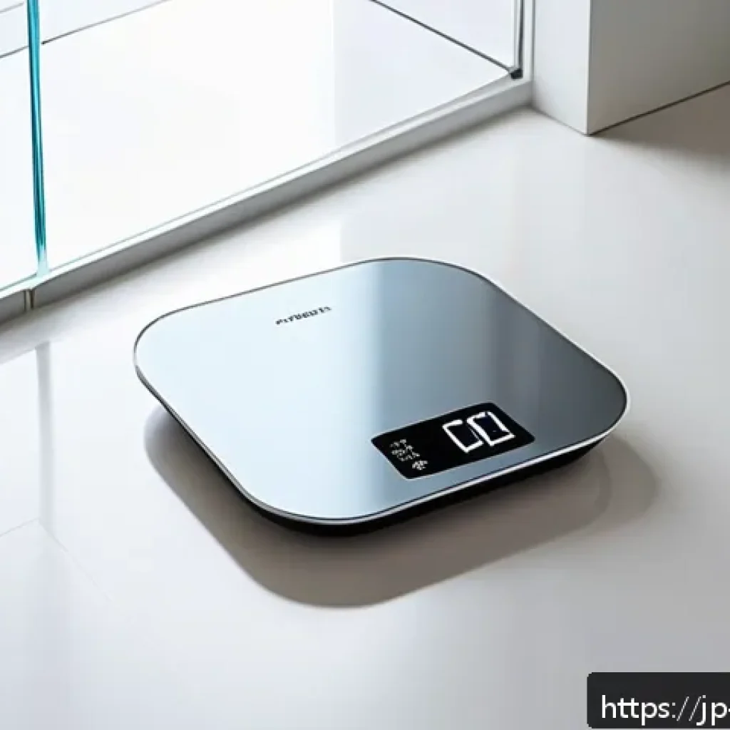 스마트 체중계 기능 비교 - A sleek, modern smart scale placed on a clean, flat bathroom floor with a minimalist interior design...