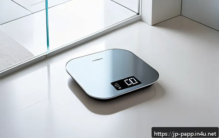 스마트 체중계 기능 비교 - A sleek, modern smart scale placed on a clean, flat bathroom floor with a minimalist interior design...