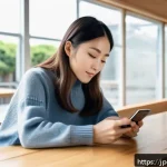 포터블 파워뱅크 용량 계산 - A modern Japanese cafe scene with a young woman casually using a smartphone and a compact 5000mAh po...