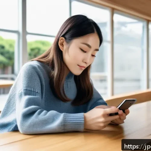 포터블 파워뱅크 용량 계산 - A modern Japanese cafe scene with a young woman casually using a smartphone and a compact 5000mAh po...