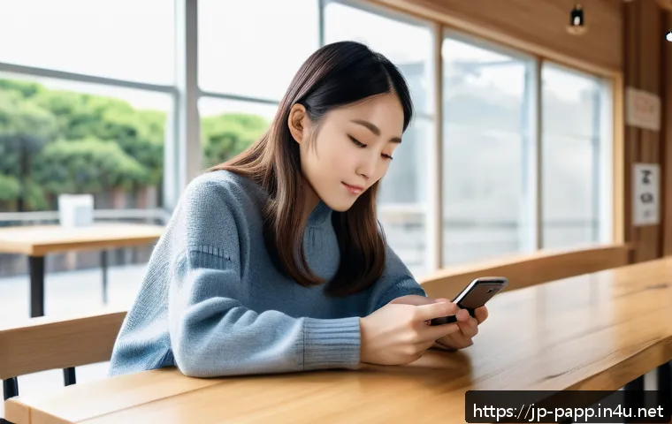 포터블 파워뱅크 용량 계산 - A modern Japanese cafe scene with a young woman casually using a smartphone and a compact 5000mAh po...