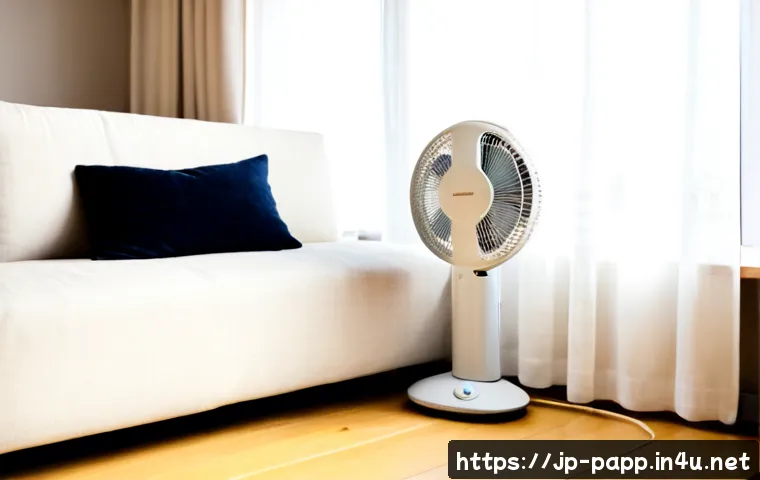 휴대용 팬히터 사용법 - Photorealistic Japanese apartment living room, a compact portable fan heater positioned safely on a ...