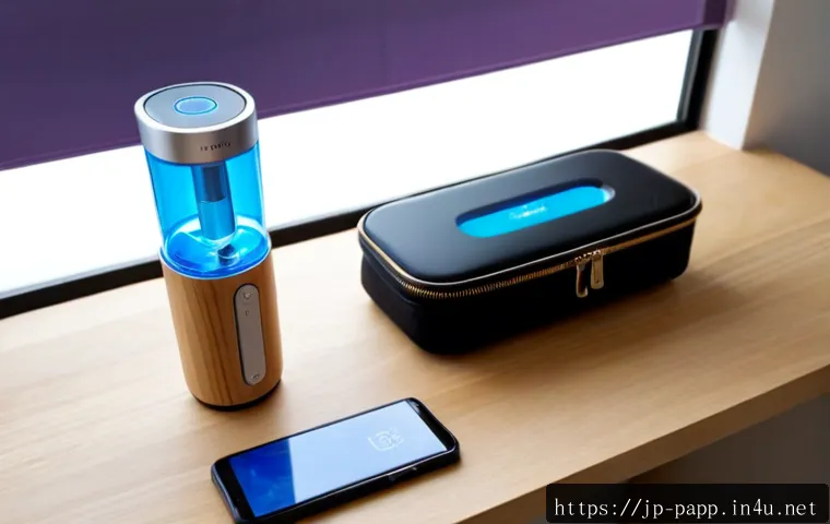휴대용 UV 살균기 추천 - Photorealistic product comparison scene of two compact portable UV sanitizers on a clean light-wood ...