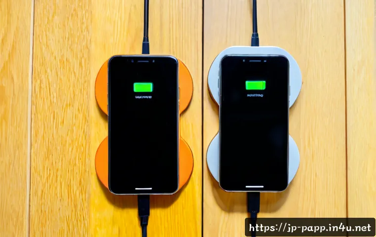 무선 충전기 효율 비교 - Photorealistic overhead comparison scene of two modern wireless charging pads on a clean light-wood ...